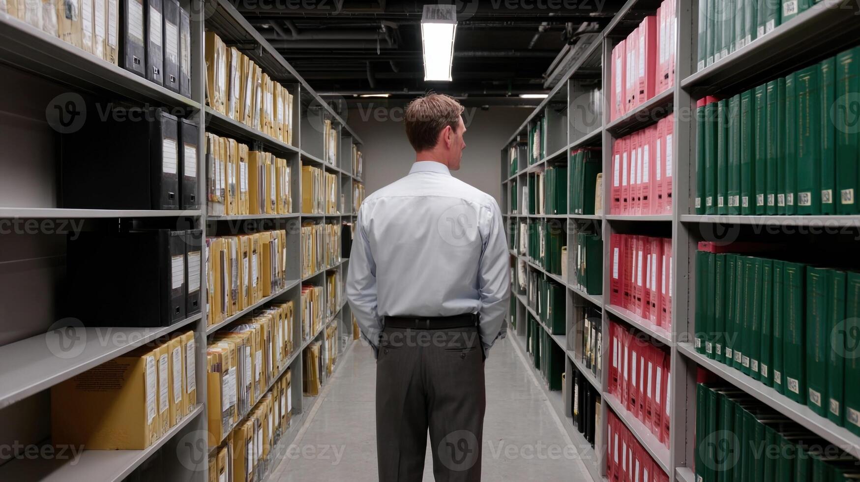 Businessman standing in archive inspecting folders and files photo