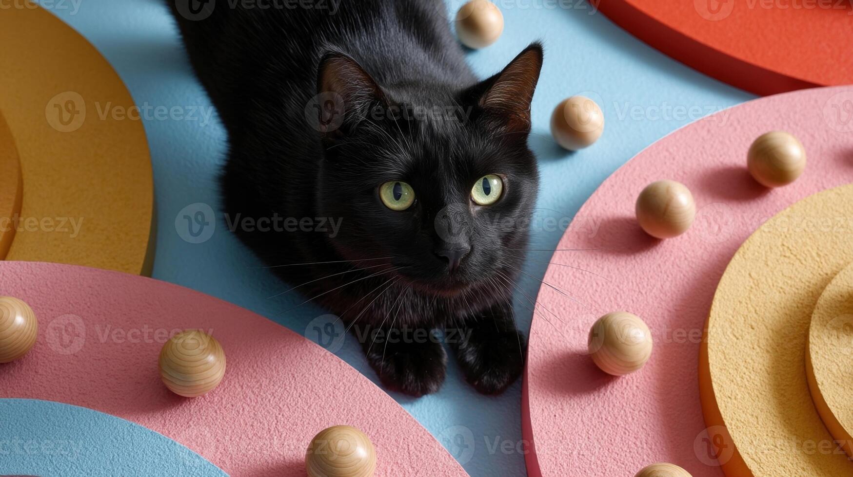 A wallmounted labyrinth boasts an assortment of rotating discs and crinkly compartments. A bold black cat skillfully bats at wooden balls that swirl around the track his green eye photo