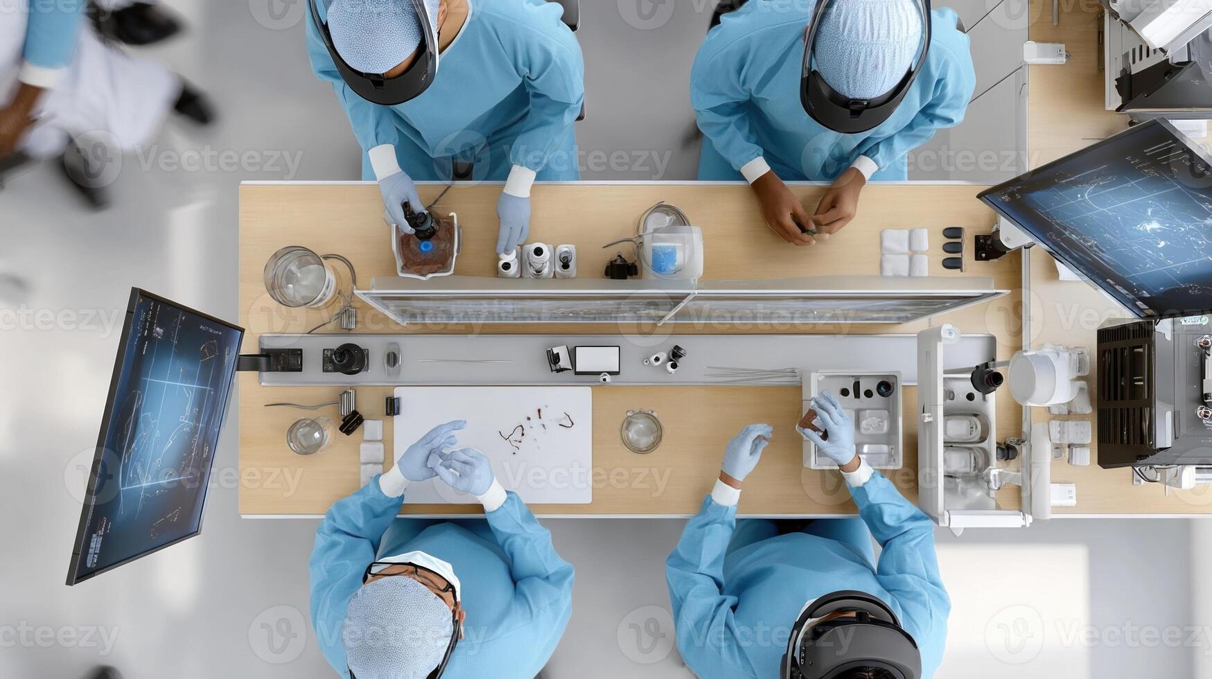 An overhead view of a mixed reality surgical training setup with multiple trainees practicing various procedures in an immersive virtual landscape using haptic gloves to enhance thei photo