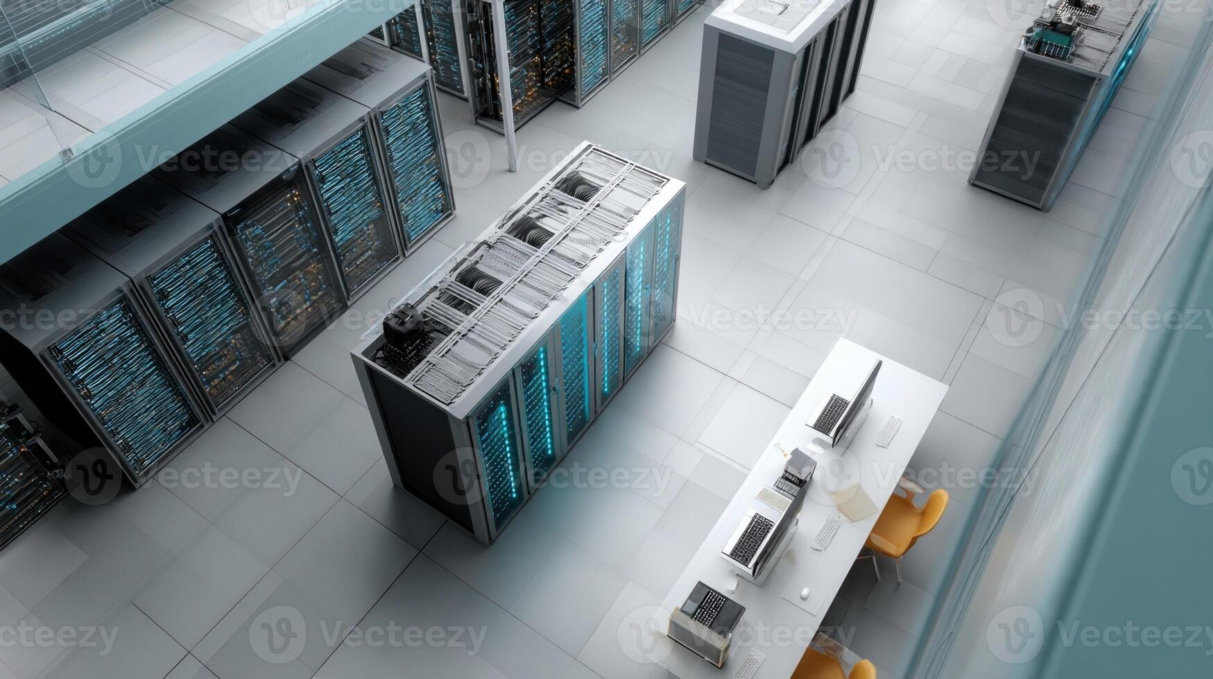 An overhead view of a server room where quantum randomnumber generators are strategically p a traditional servers highlighting the integration of advanced technology into classic dat photo