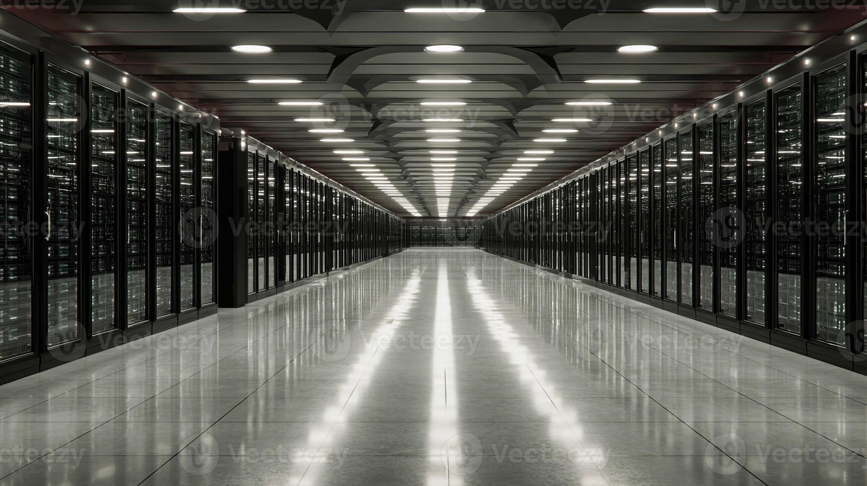 Server room corridor with data cabinets operating in data center photo