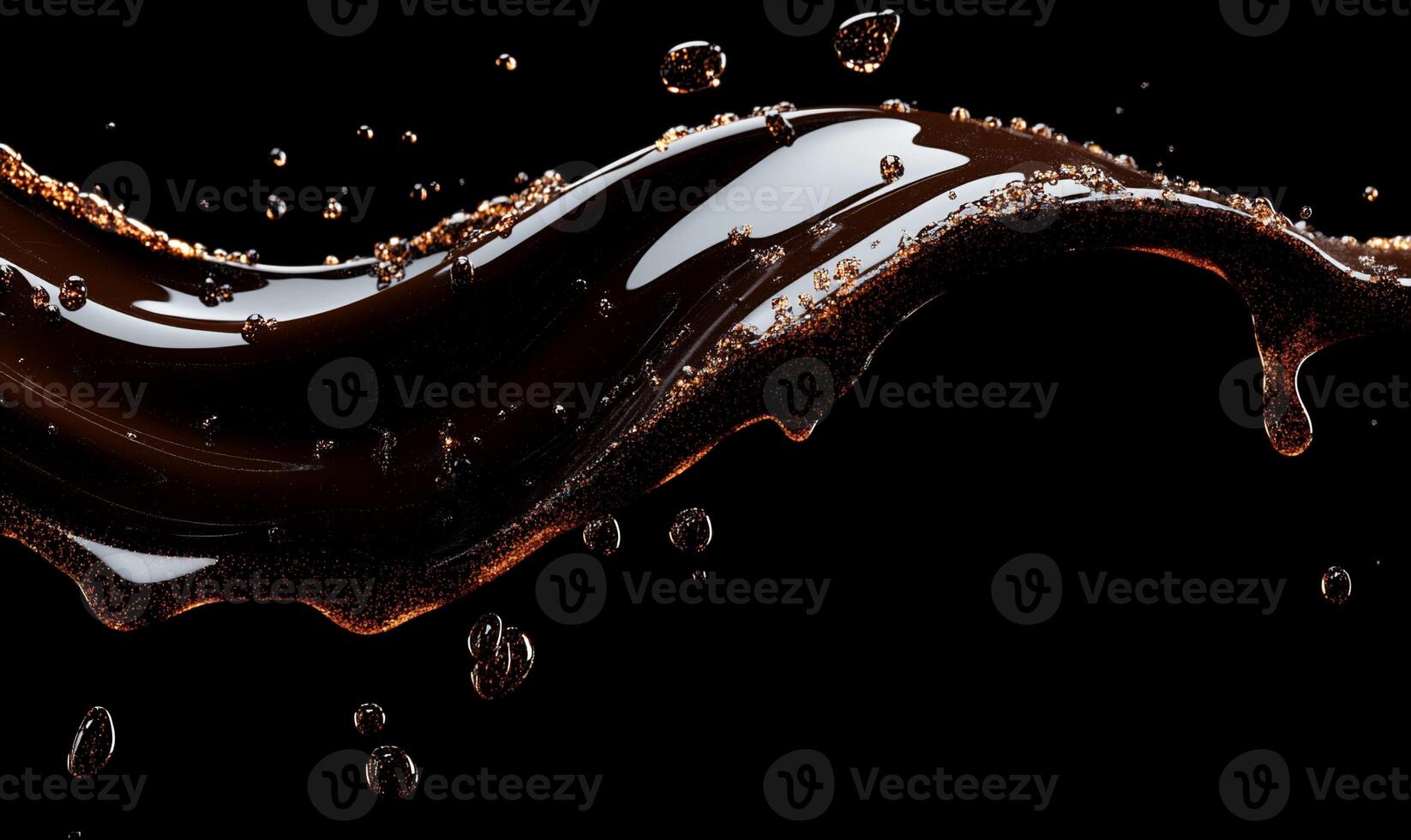 Dark brown liquid splashes in a flowing, elegant curve against a black background. Detailed liquid texture and bubbles are visible photo