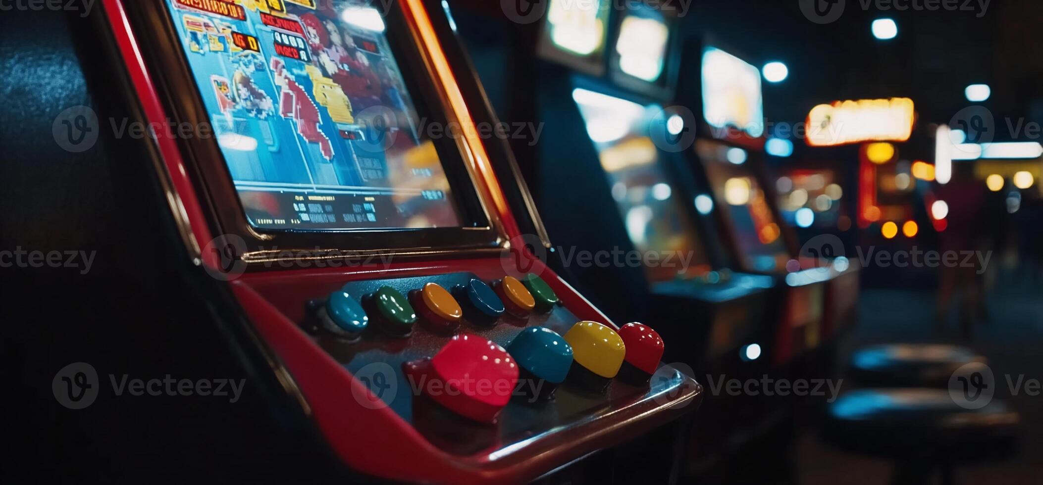 Colorful arcade game machine, glowing screen and control panel photo