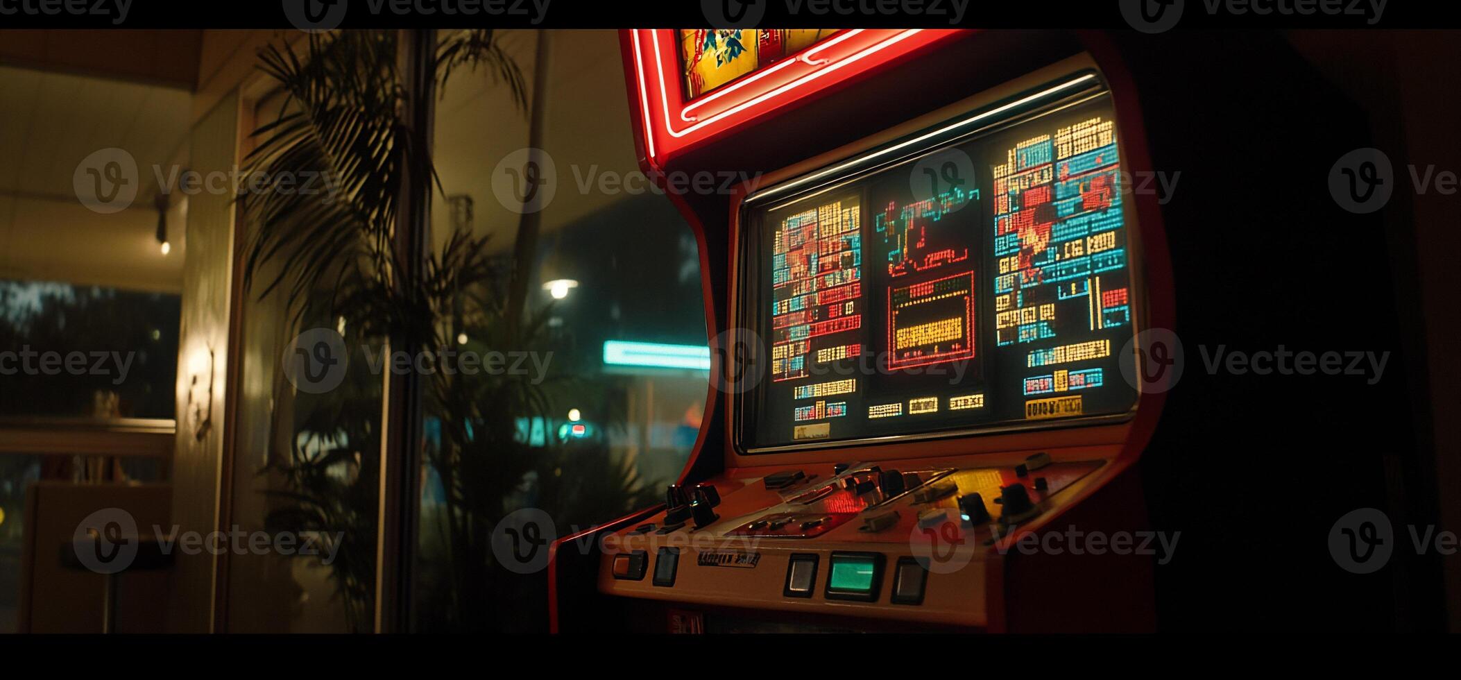 Retro arcade game in a dimly lit, vintage-style establishment photo