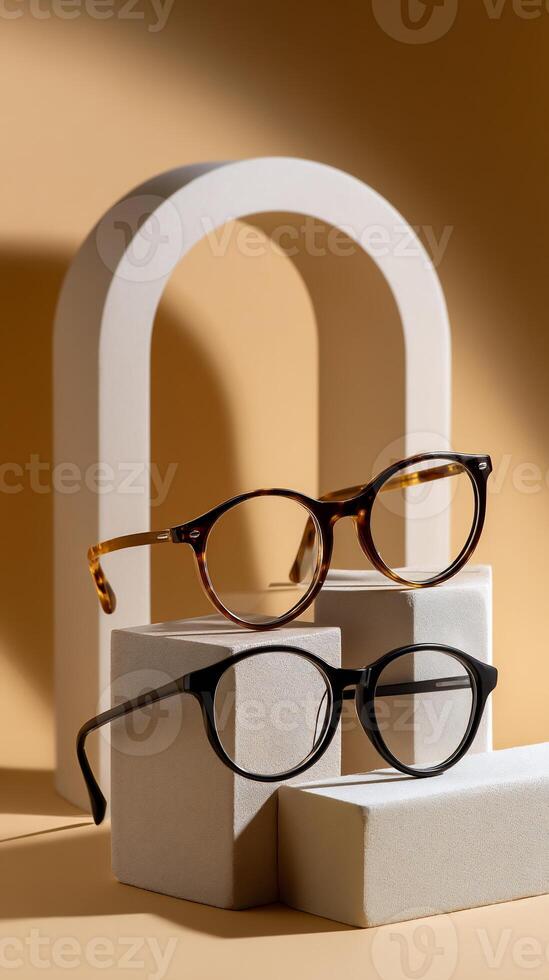 Stylish eyeglasses display on minimalist podiums photo