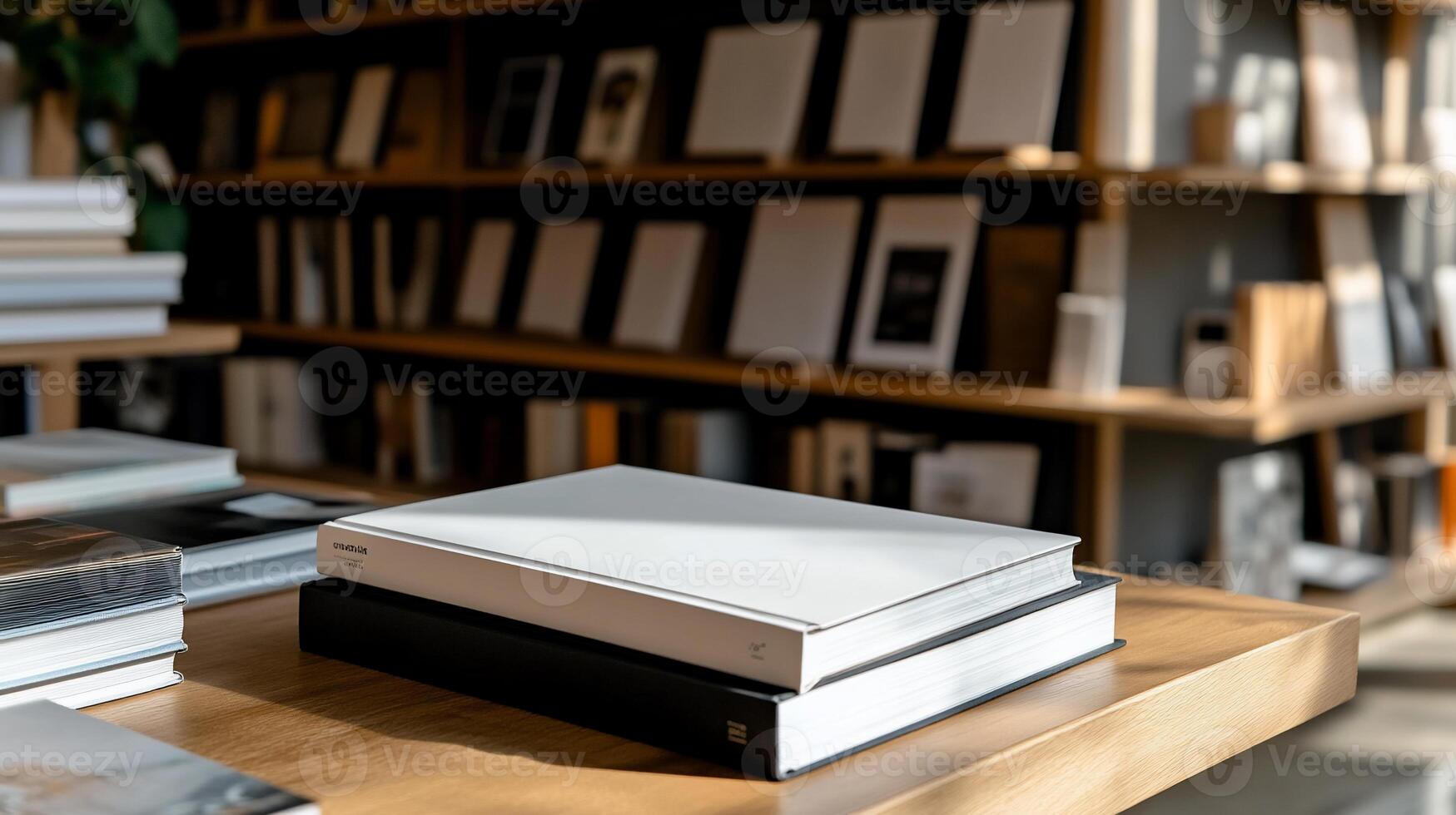 Books stacked on wooden table in a store photo