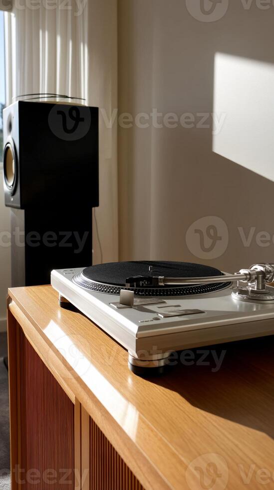 Turntable sits on light wood cabinet, beside a speaker. Sunlight streams in photo