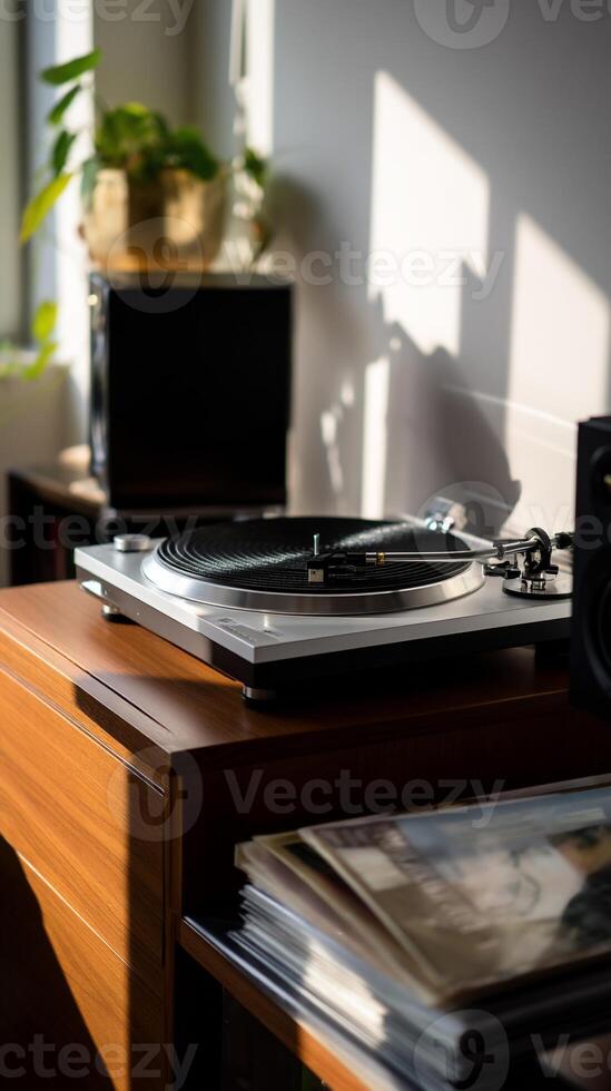 Stylish turntable sits on a wooden cabinet, bathed in sunlight. Houseplants and audio equipment are visible in the background photo