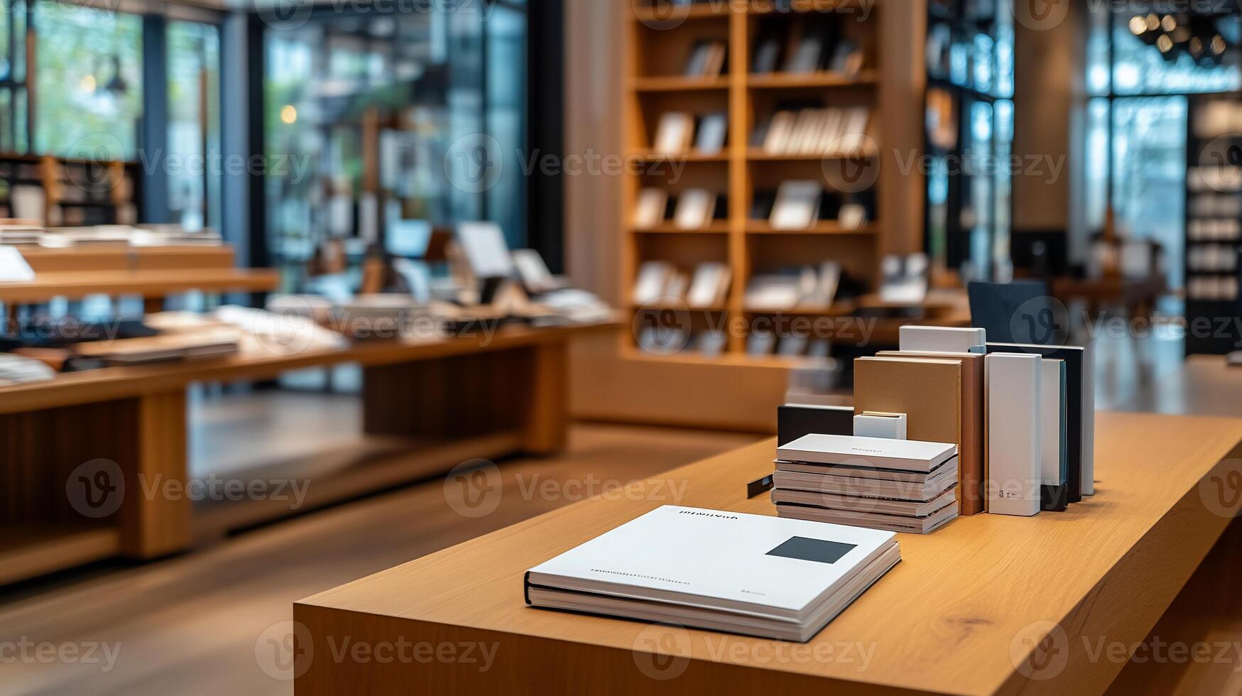 Modern retail store interior with books and products displayed on light wooden surfaces photo