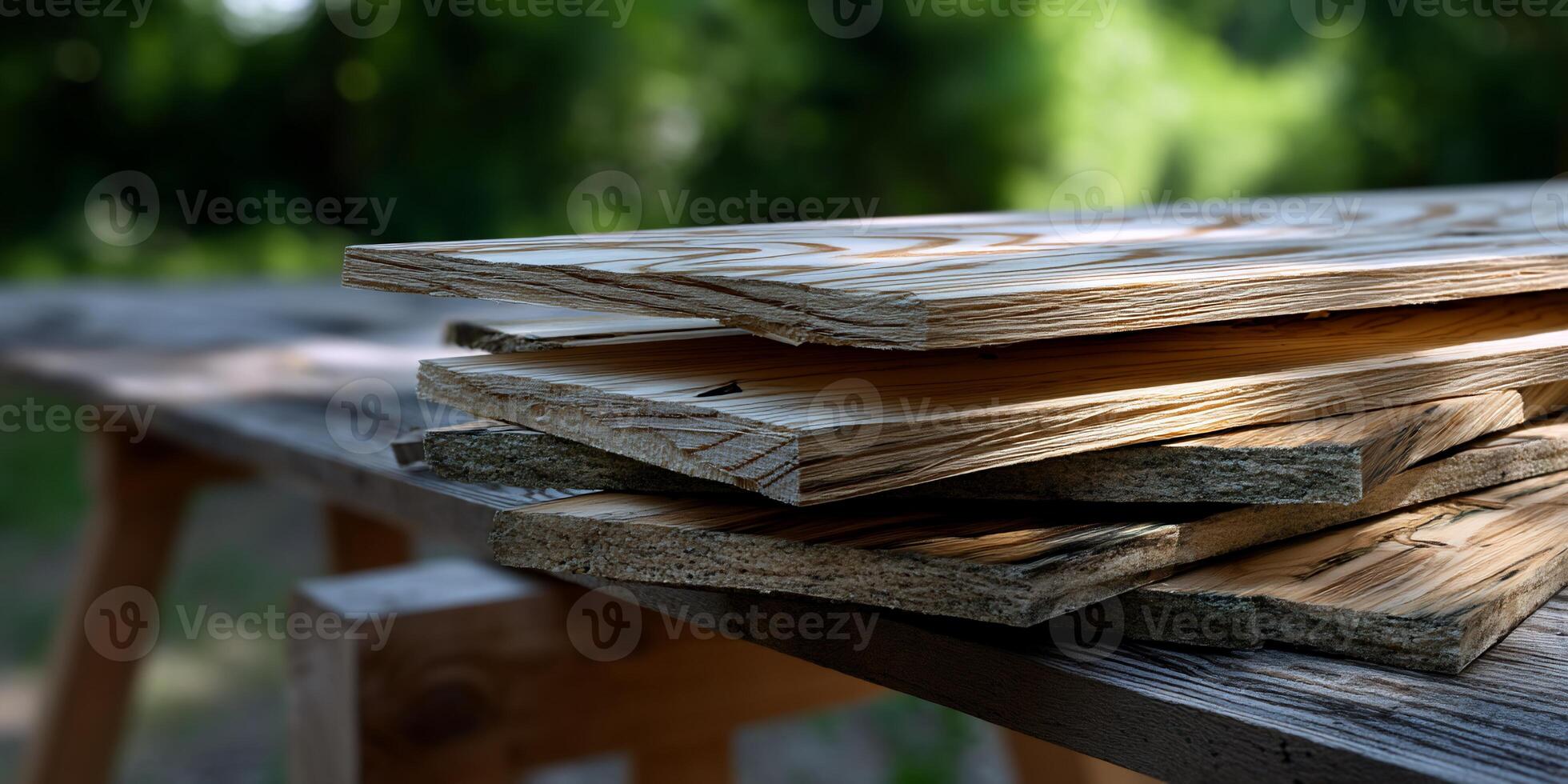 Stacked lumber boards on a workbench photo