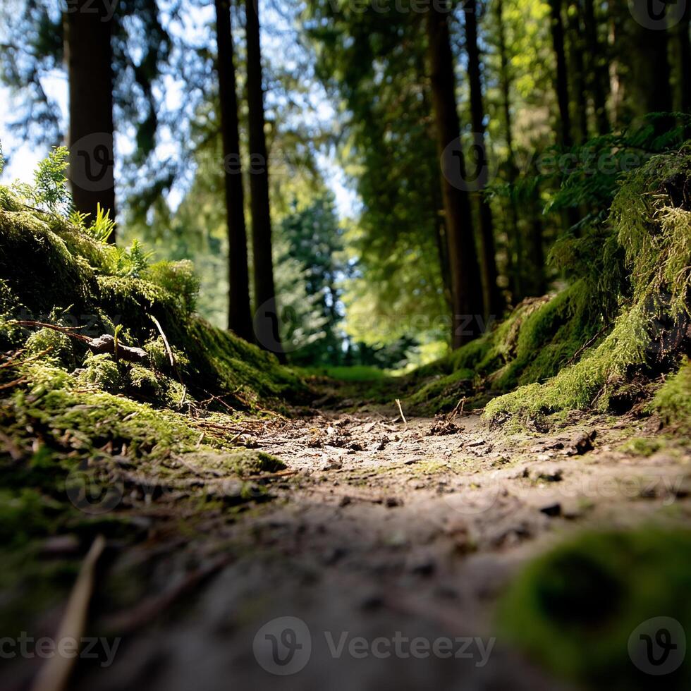 Forest path, mossy ground, sunlight filtering photo