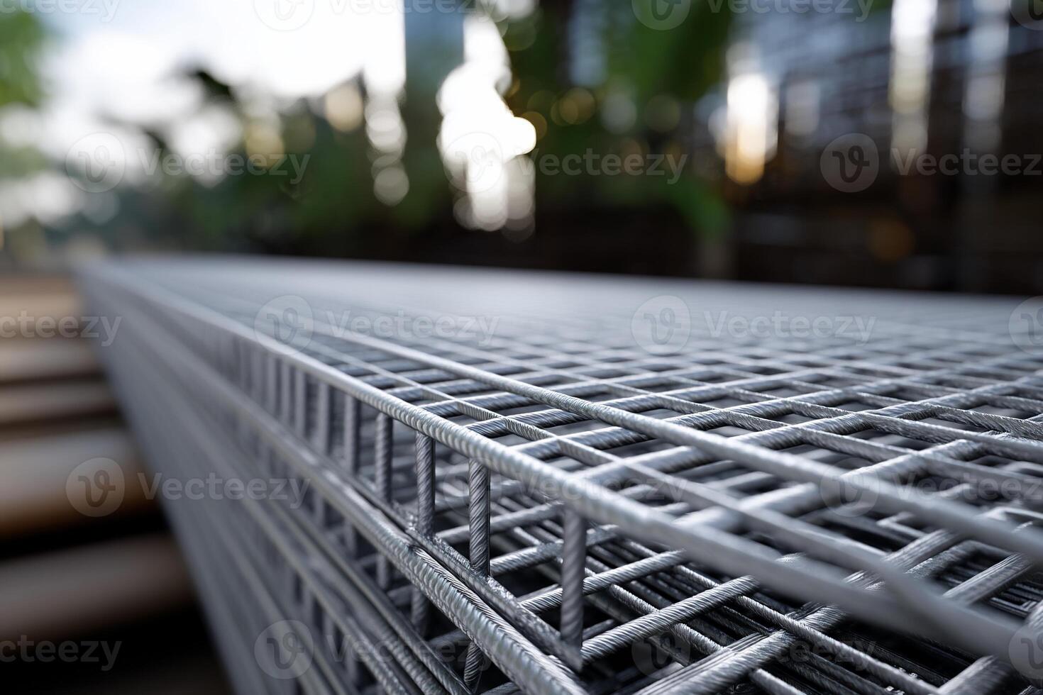 Stacked metal grid sheets. Close-up view of reinforced wire mesh photo