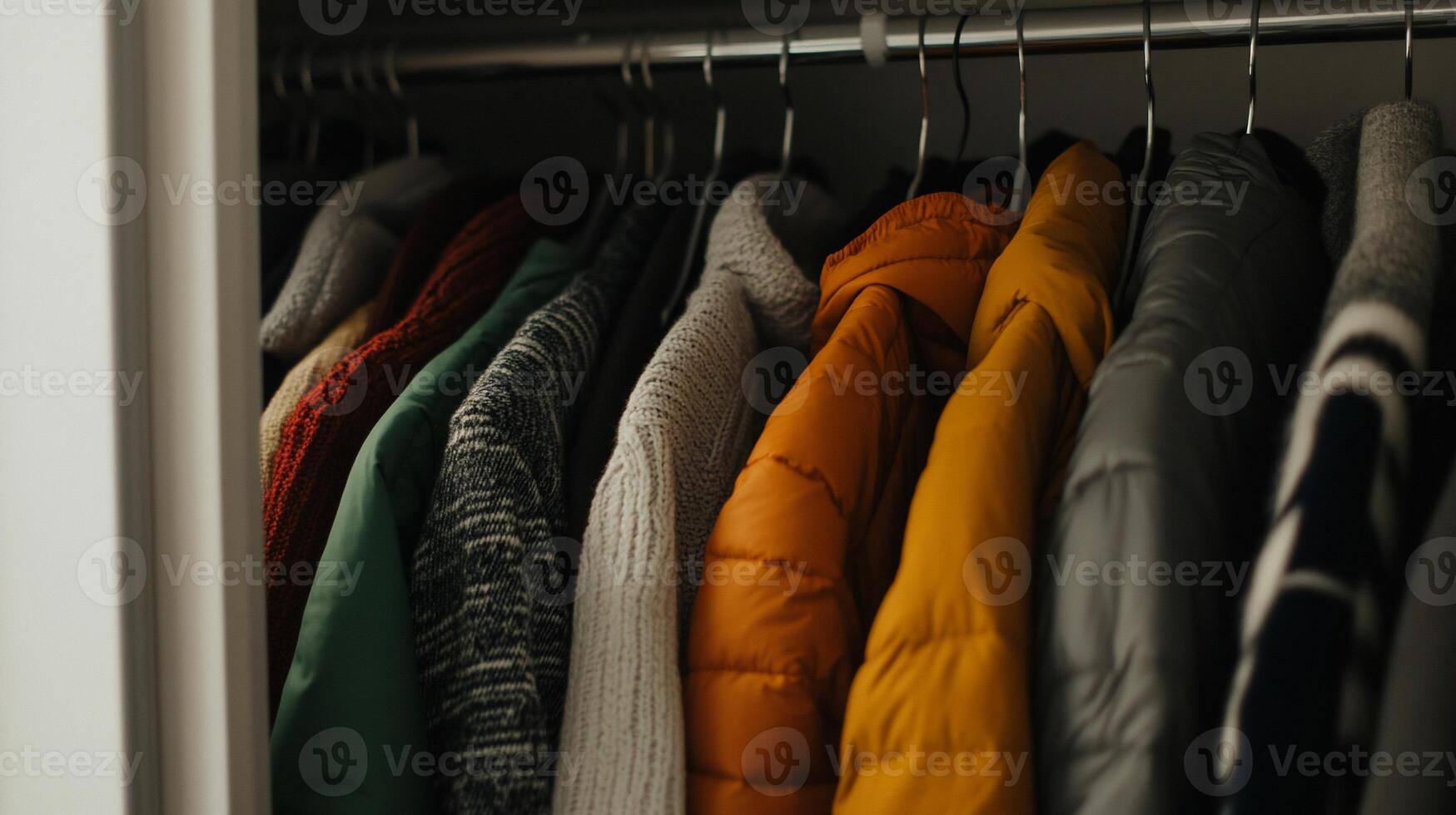 Colorful winter coats and sweaters hanging in a closet photo