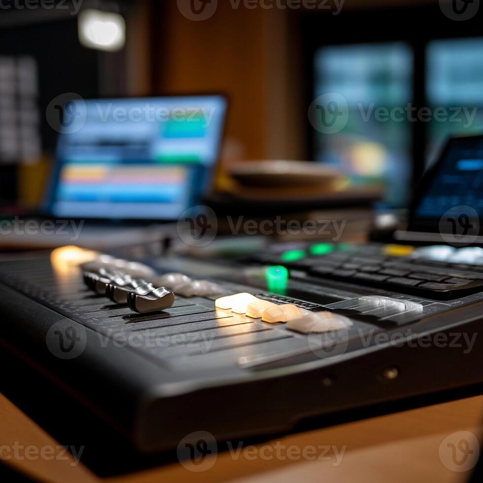 Audio mixing console, illuminated controls, digital audio workstation software on laptops photo