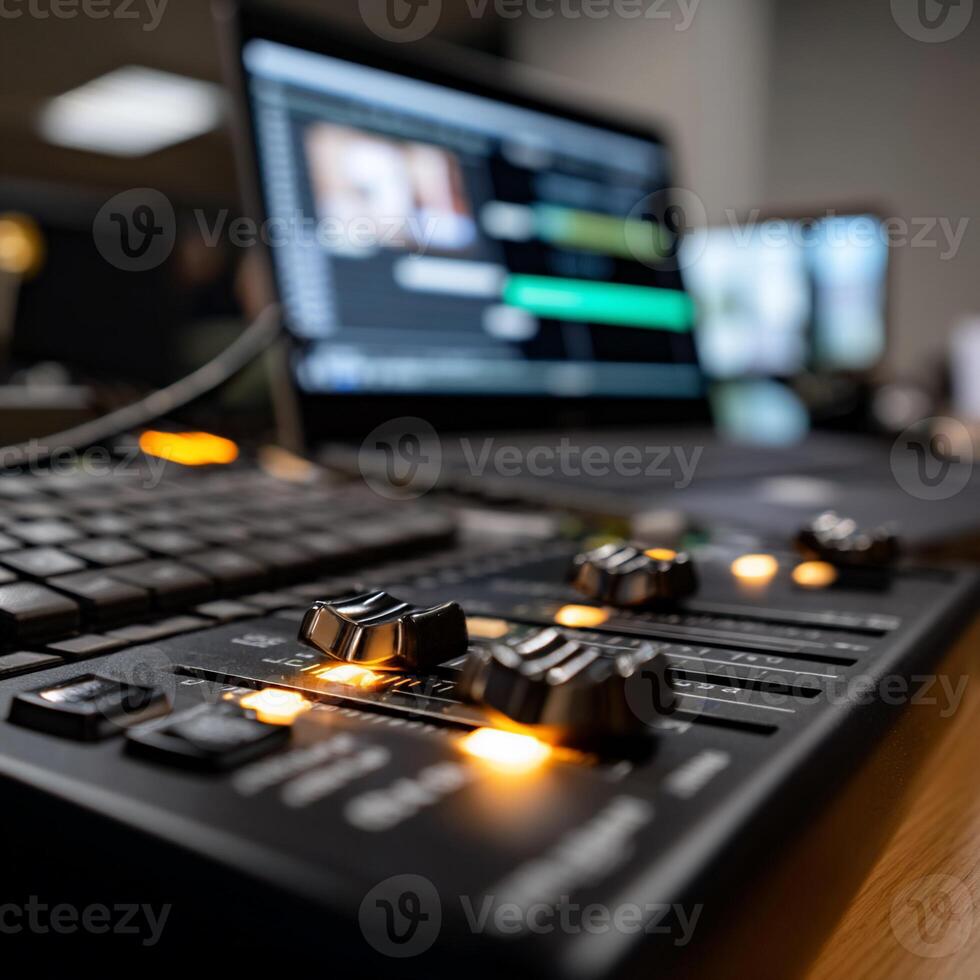 Close-up audio mixing console with illuminated faders, alongside laptops. editing software visible on screen photo