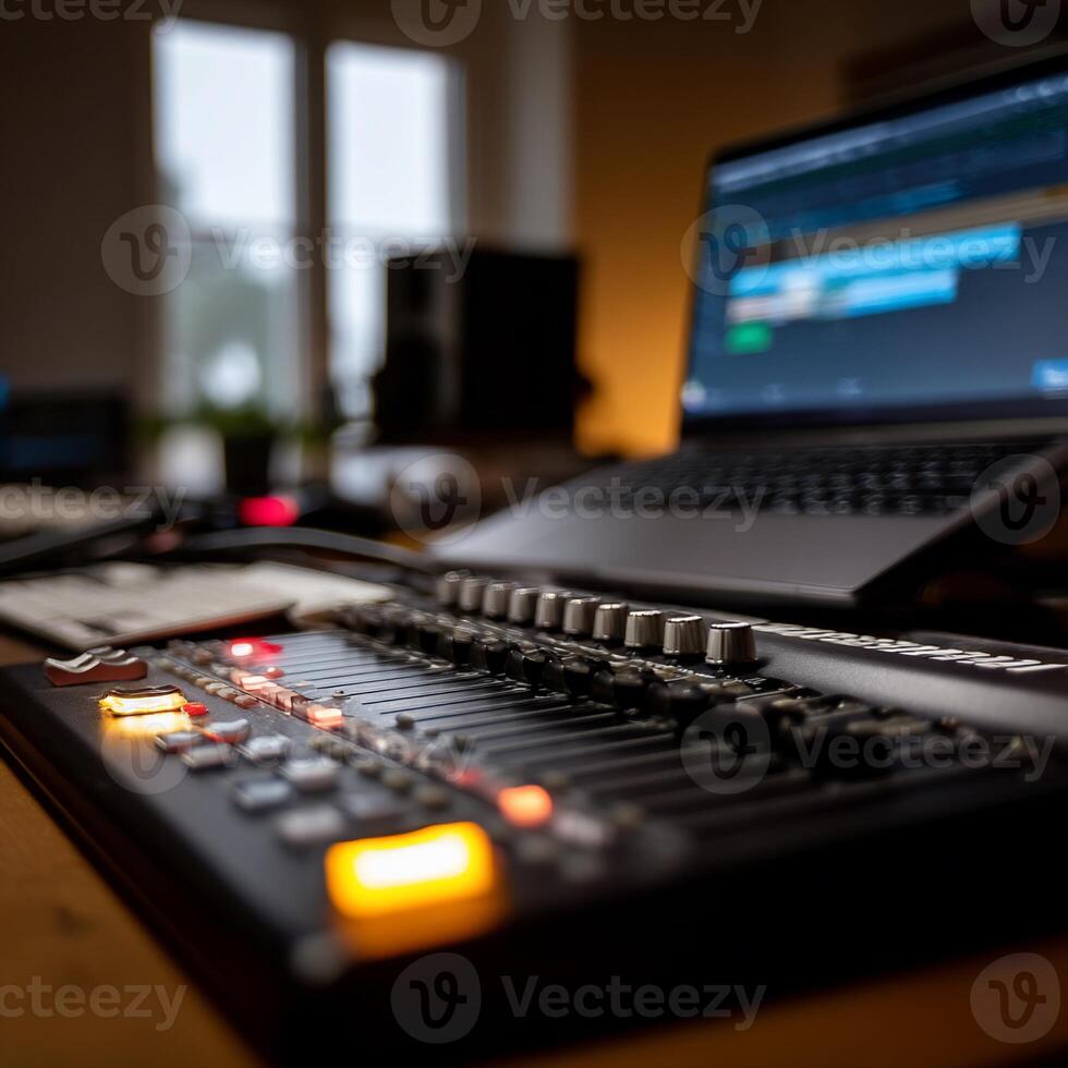 Audio mixing console, laptop, and music production software. Close-up view of equipment in a home recording studio photo