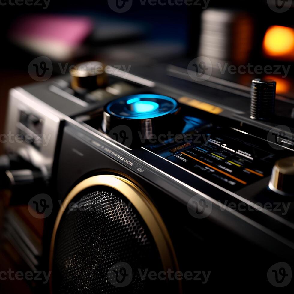 Close-up of vintage stereo, illuminated control knob photo