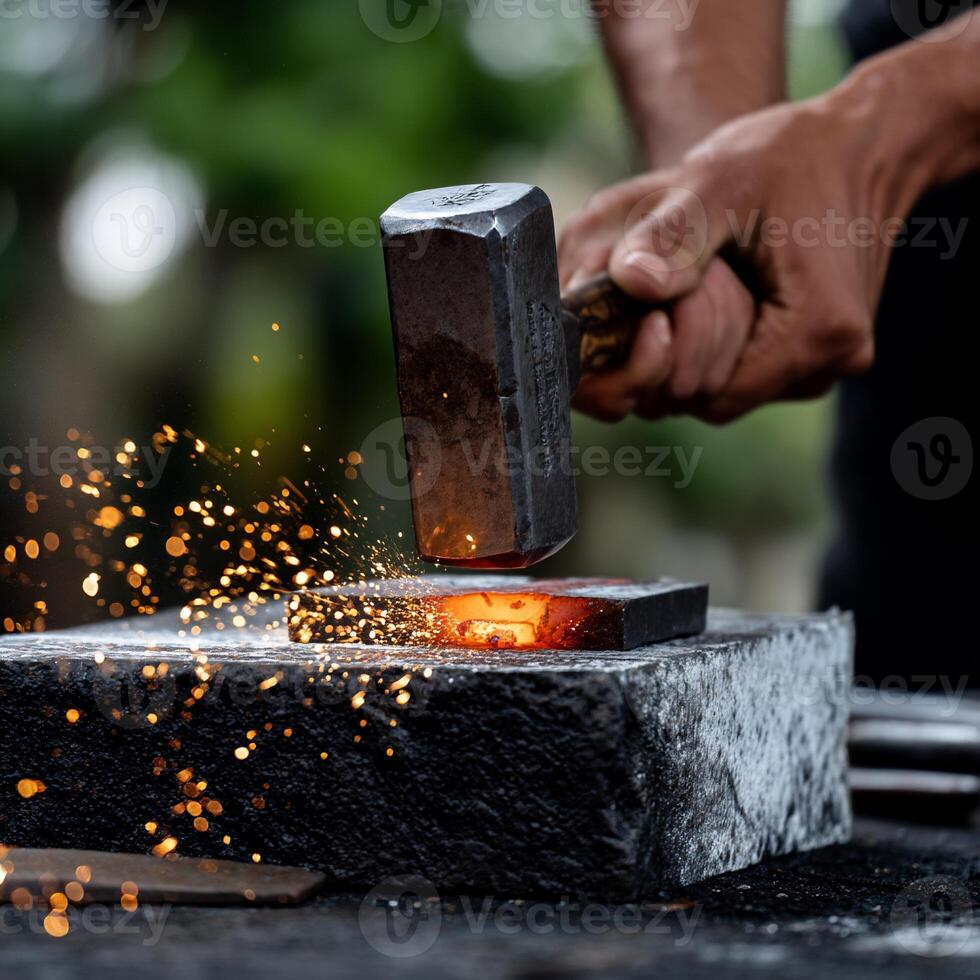 A person is hammering a piece of metal with sparks photo