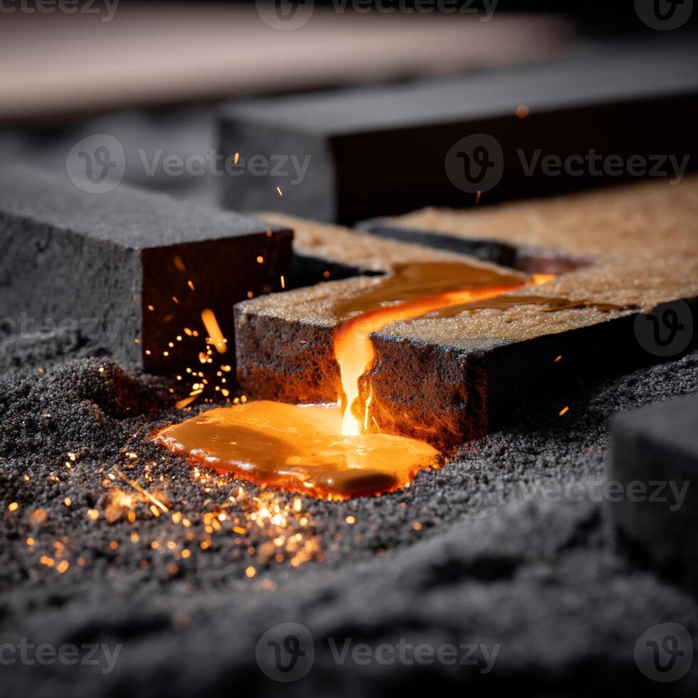 Molten metal flows between bricks, sparks fly photo