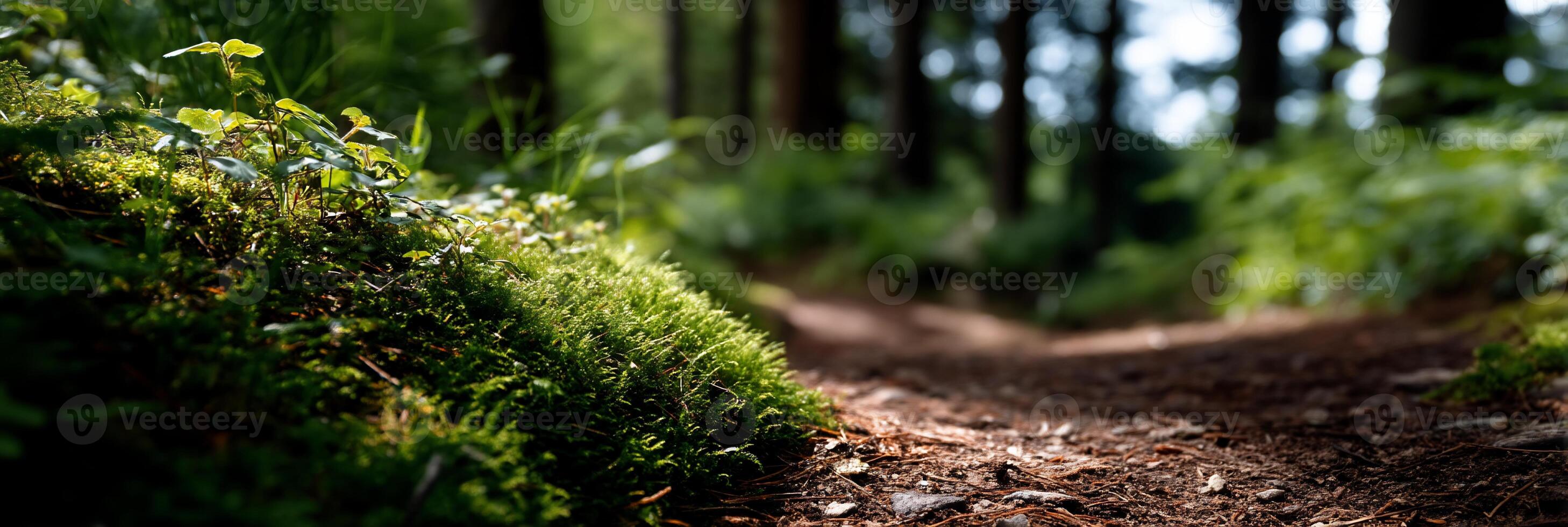 A path in the woods with a green grassy area photo