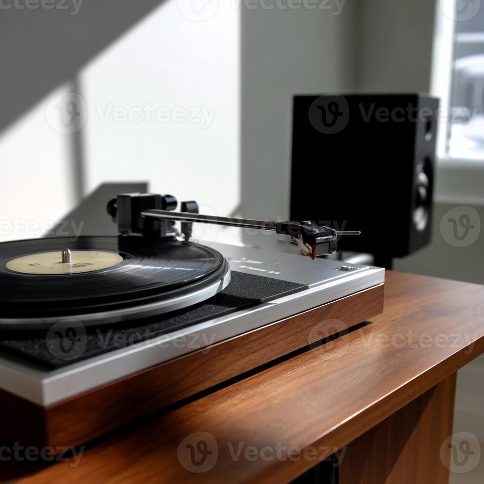 A turntable and speakers on a wooden table photo