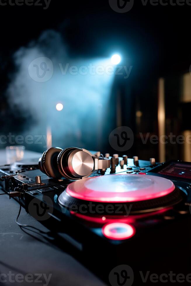 DJ equipment on a table, illuminated by stage lights, with headphones and a turntable photo
