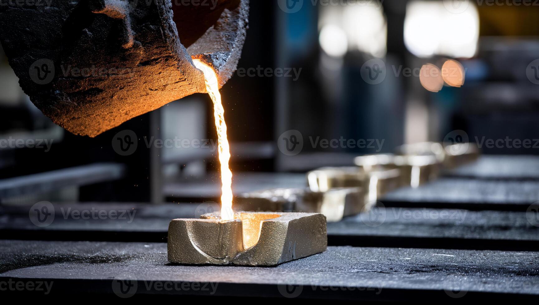 Molten metal poured into molds. Molten metal flows into casting forms photo