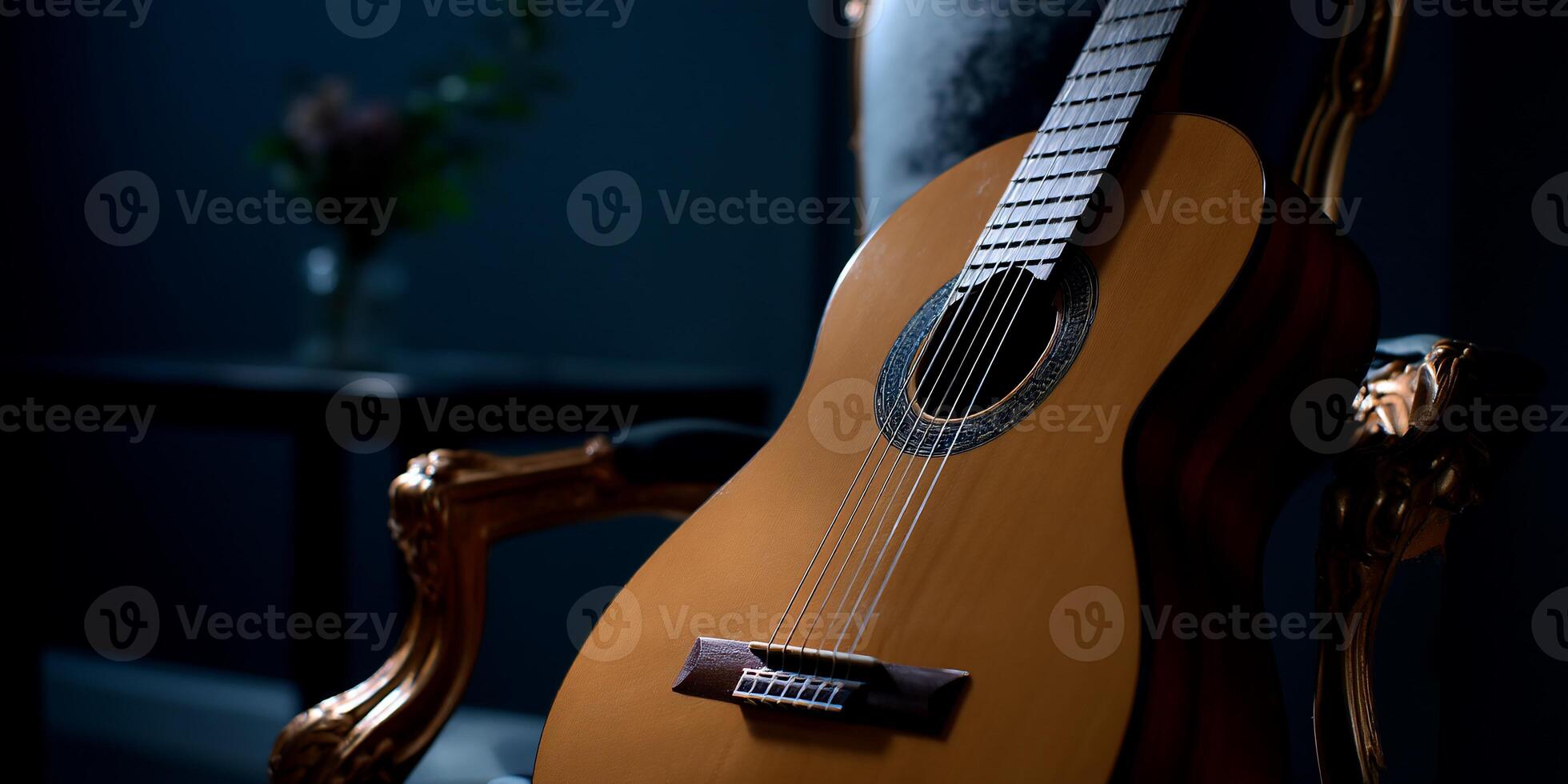 Classic acoustic guitar resting on ornate chair photo