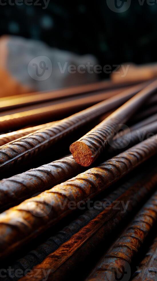 Rust-covered metal rods close-up. Stacked, textured rebar photo