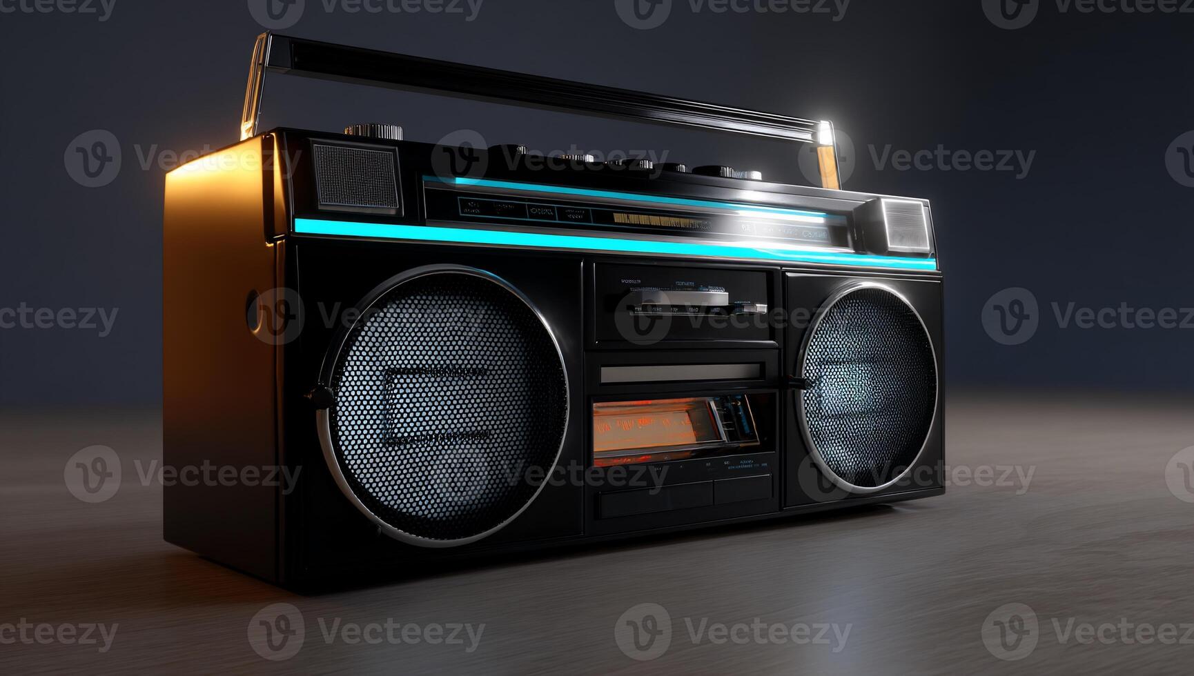 Retro boombox with glowing accents. Dark, modern rendering photo