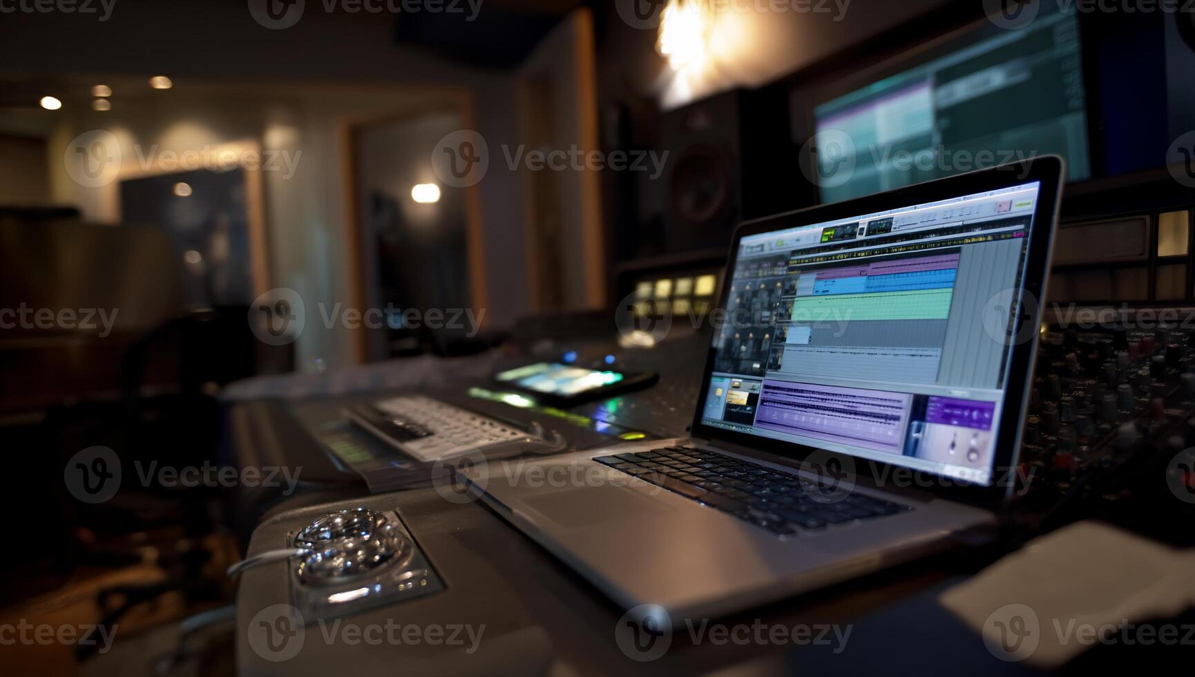 Modern recording studio workspace with laptop, audio software, and equipment photo