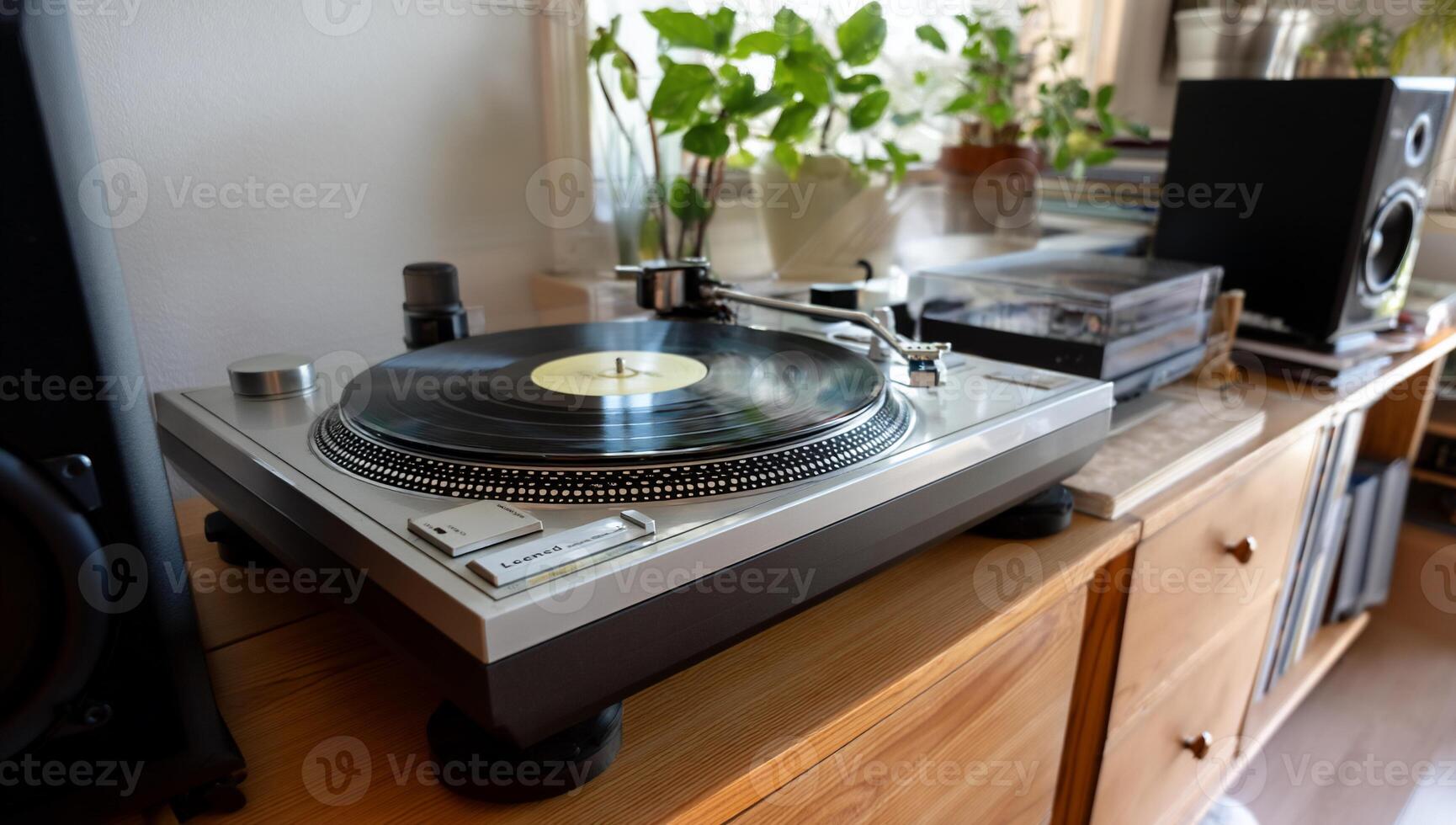 Turntable on wooden cabinet, plant, speakers photo