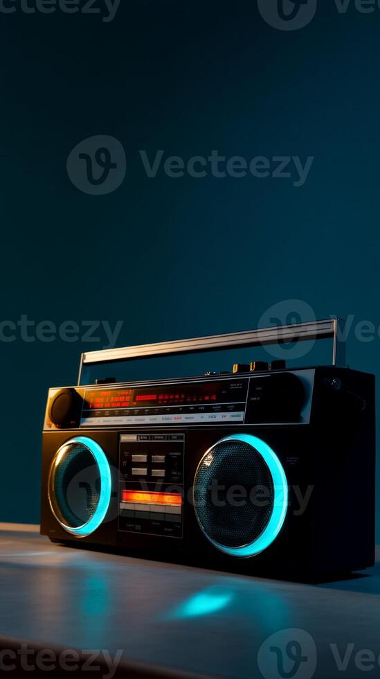 Retro boombox with illuminated speakers. Dark teal backdrop photo