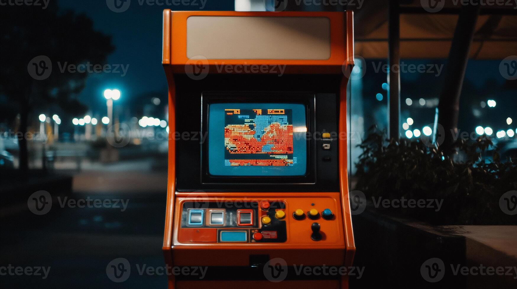 Retro arcade game machine at night. City lights visible in the background photo