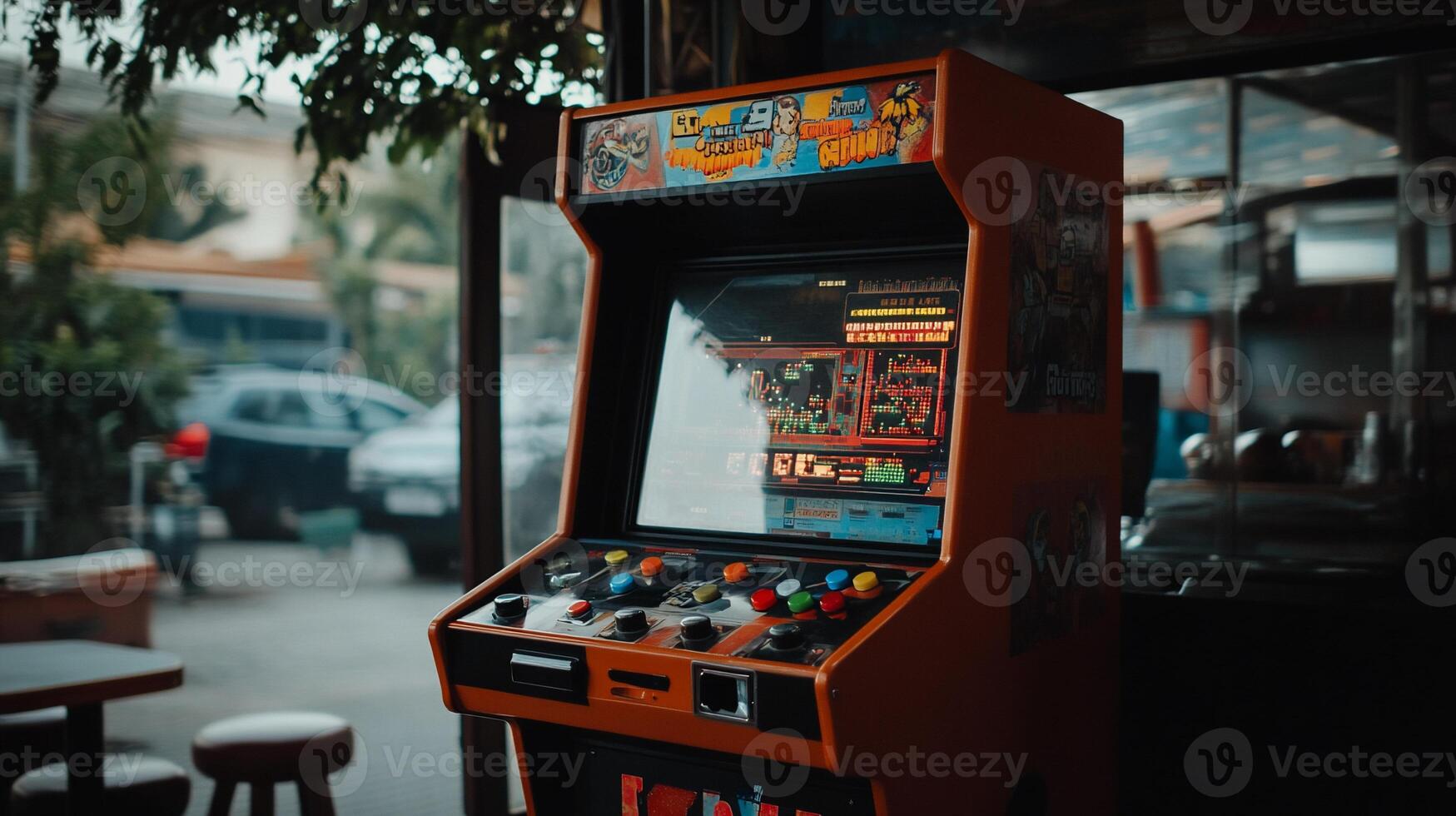 Retro arcade game machine, vibrant colors, vintage display, outdoor cafe setting photo