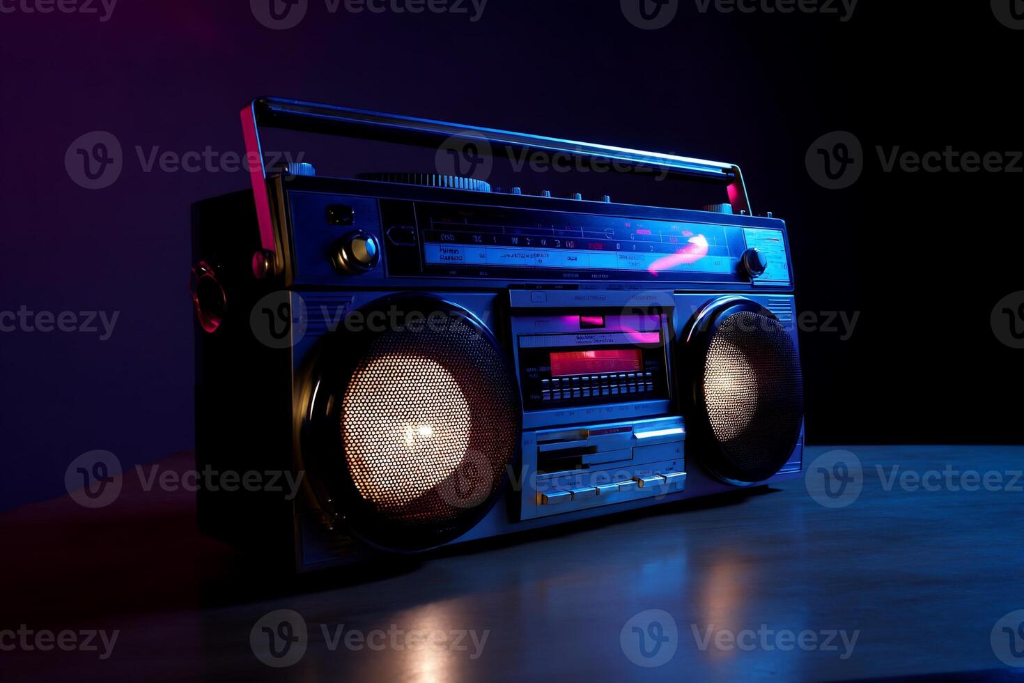 Vintage boombox on a wooden table, lit with vibrant purple and pink hues. Details include large speakers, controls, and a handle photo