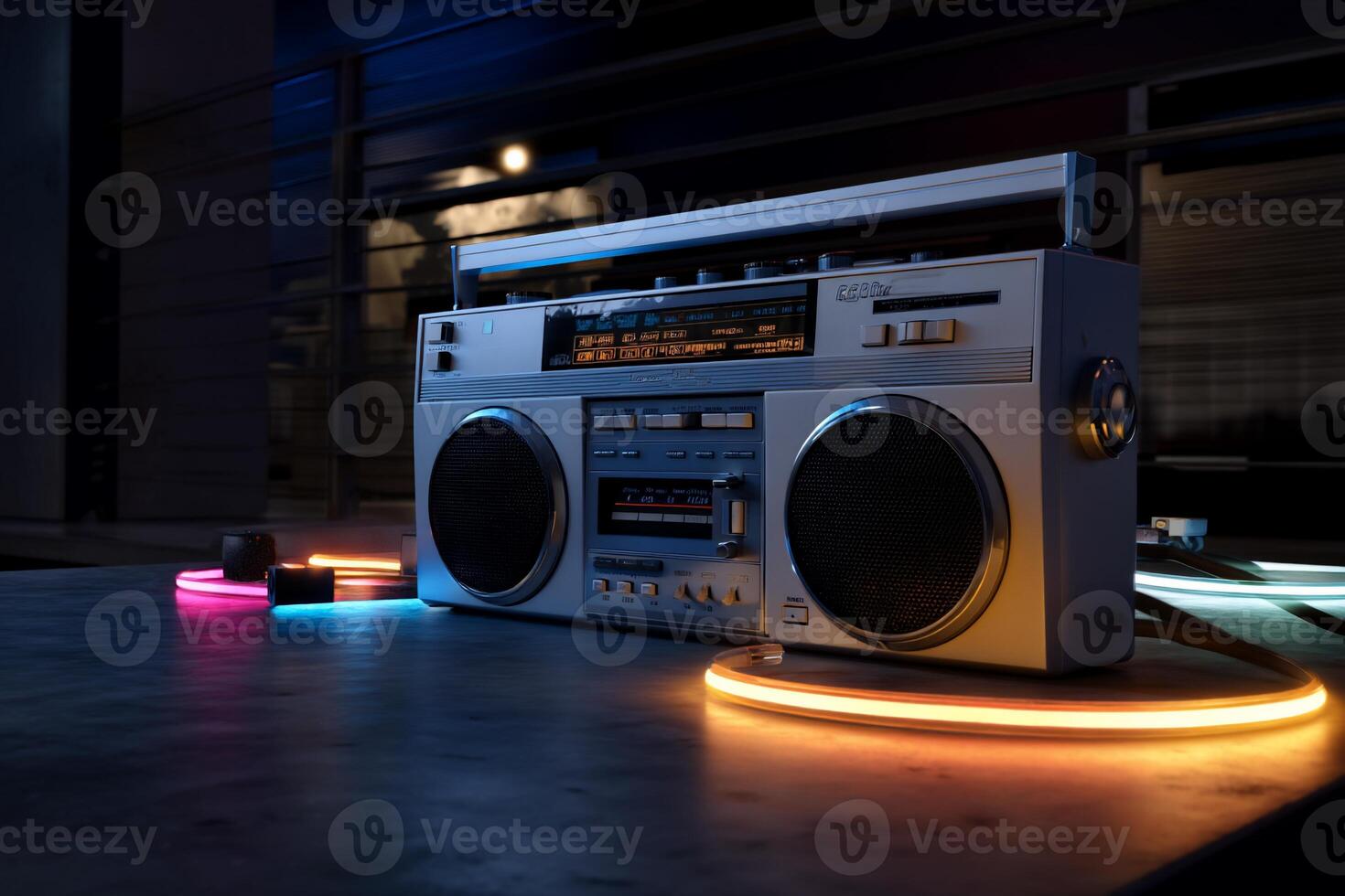 Retro boombox on a table, illuminated by vibrant neon lights photo