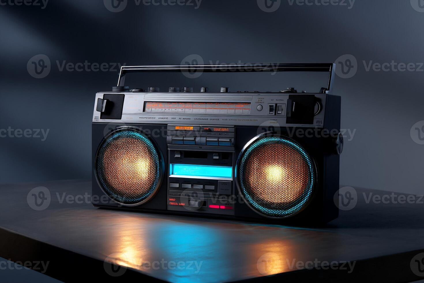 Retro boombox with glowing speakers. Dark, moody lighting and a sleek metallic design photo