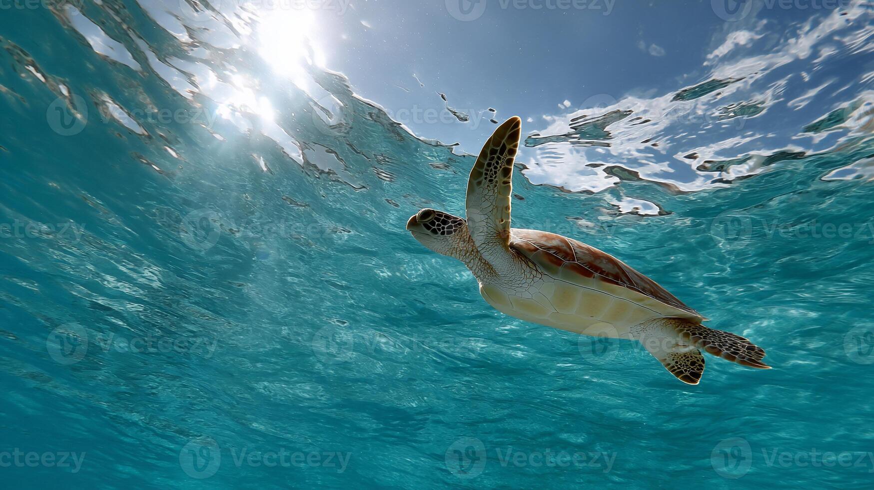Sea turtle swimming underwater, sunlight photo