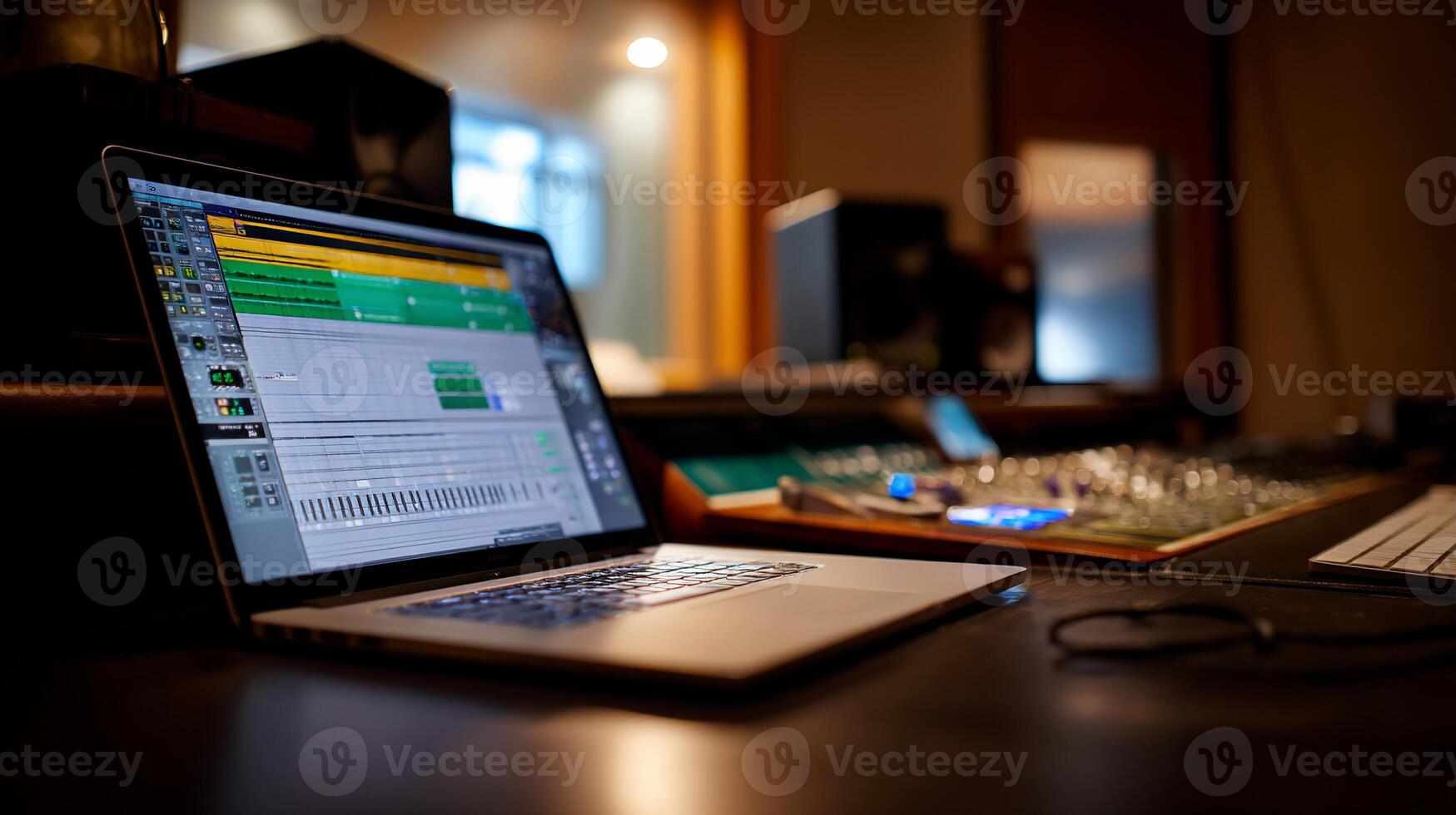 Laptop on a mixing desk in a recording studio. Audio software displayed on screen photo