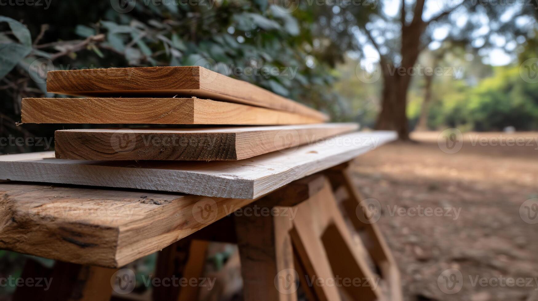 Wooden planks stacked on a workbench outdoors. Stacked lumber resting on a rustic worktable in a natural setting photo
