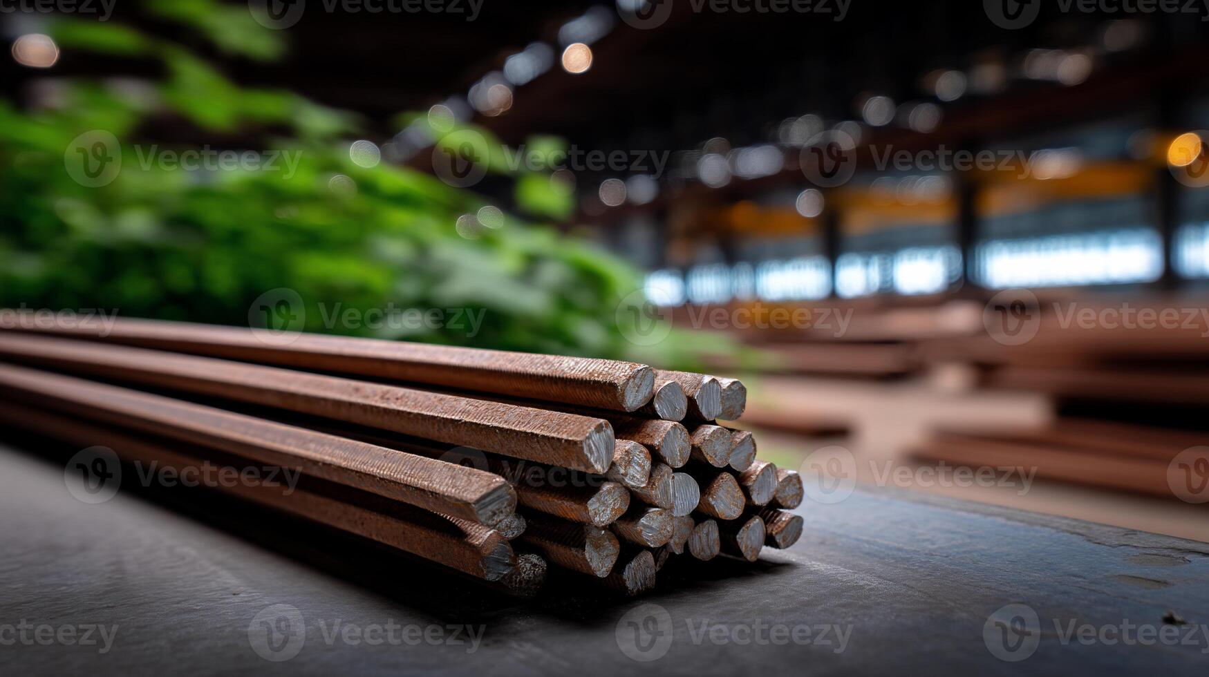 Stacked metal rods in a factory setting. Close-up view of grouped, reddish-brown metal bars. Blurred background shows more metal parts and greenery photo