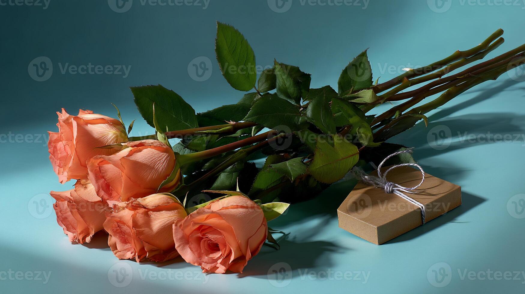 A bouquet of roses and a gift box photo