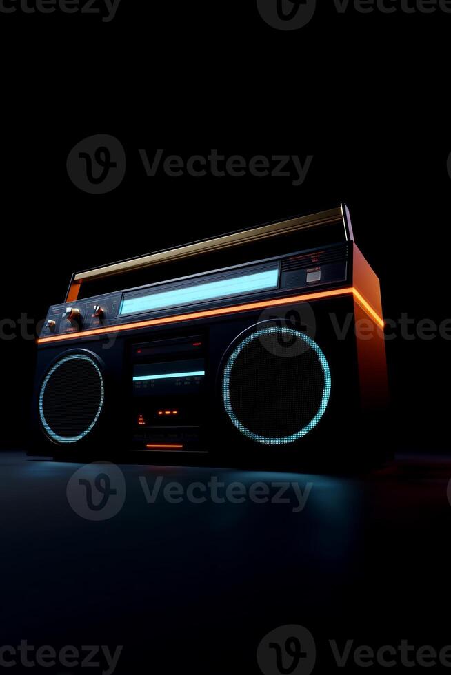 Retro boombox with vibrant neon lights. A classic 80s style stereo, detailed with glowing accents photo