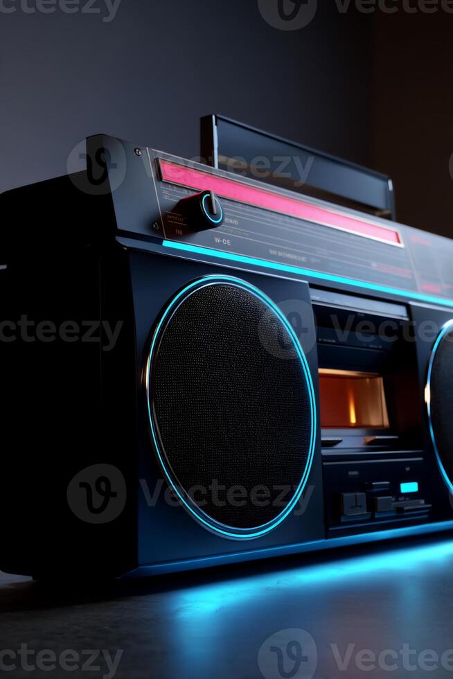 Retro boombox, glowing blue accents, dark background photo