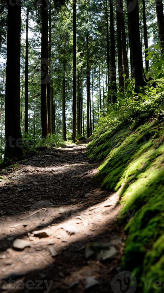 Sunlit forest path through lush greenery. Sunlight filters through tall trees, illuminating a trail. Moss-covered slopes flank the path photo