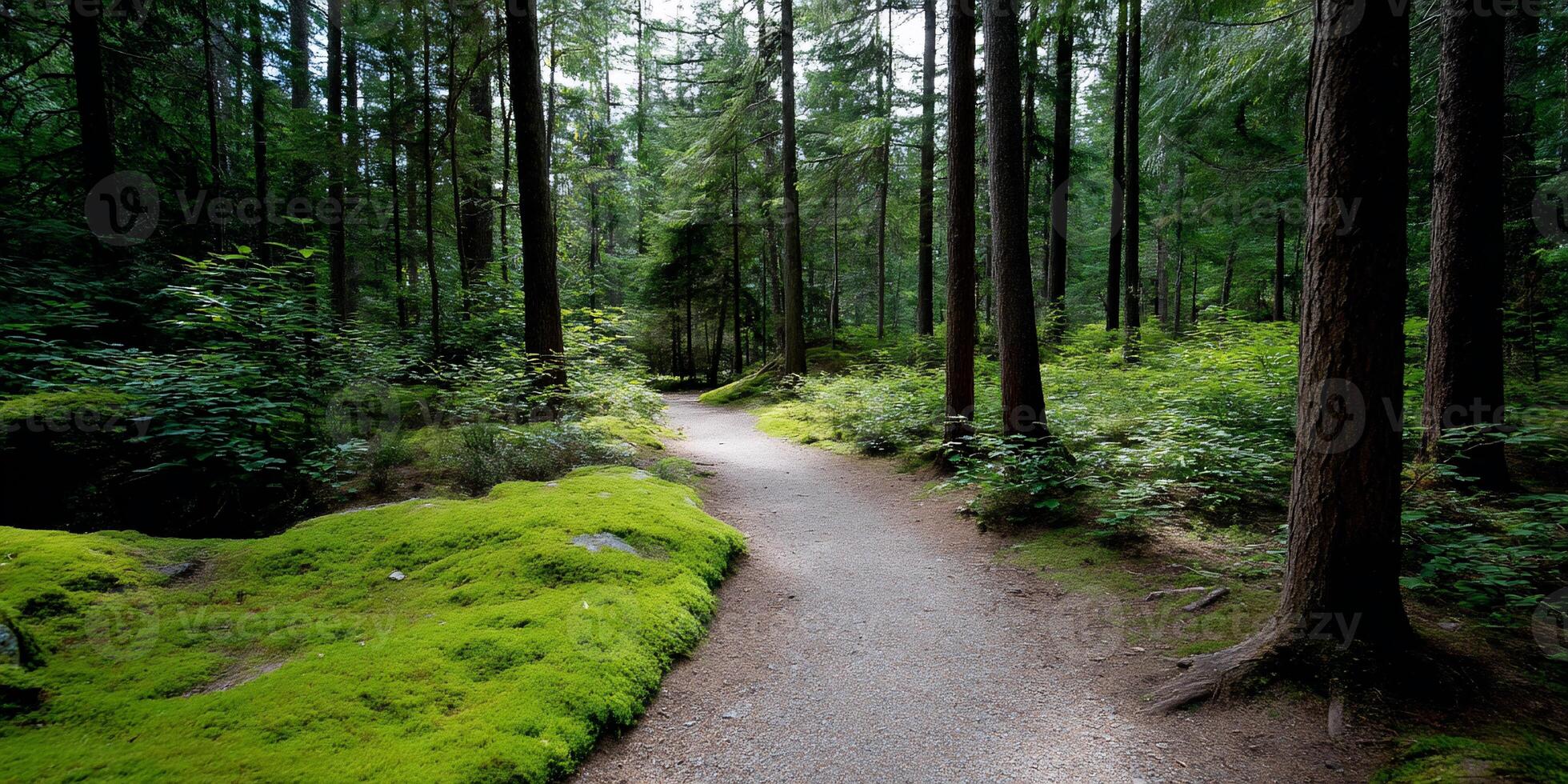 Lush mossy path through a dense forest photo