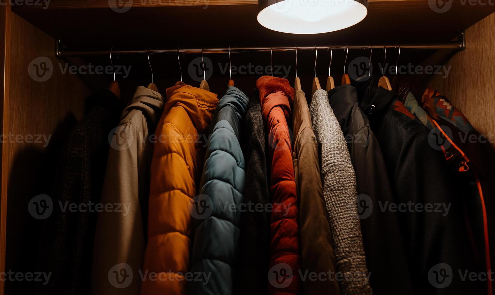 Organized jackets in a closet, various colors and styles photo