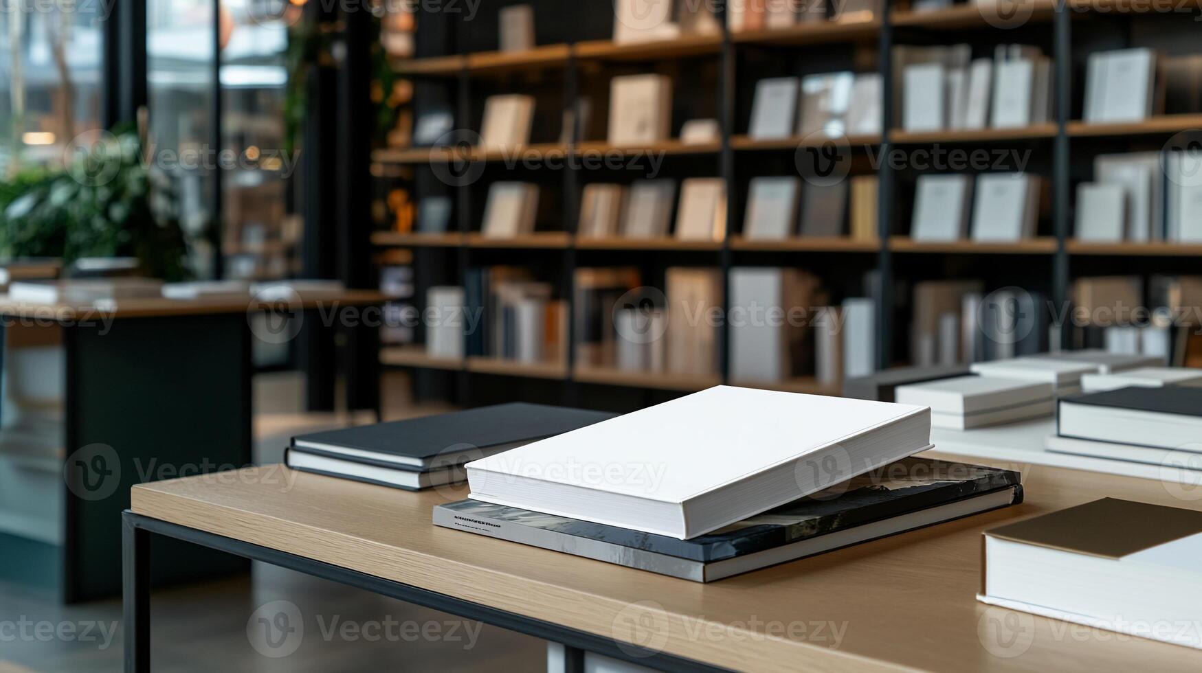 Bookshop interior display. Books and white box on wooden table photo