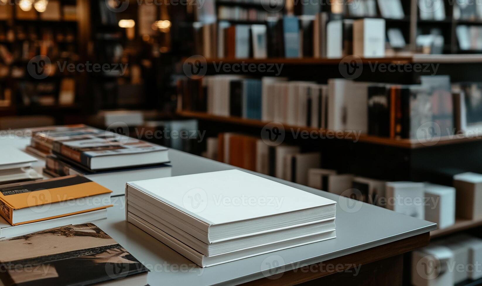 Stack of blank books on display in a bookstore. Shelves filled with books in the background photo